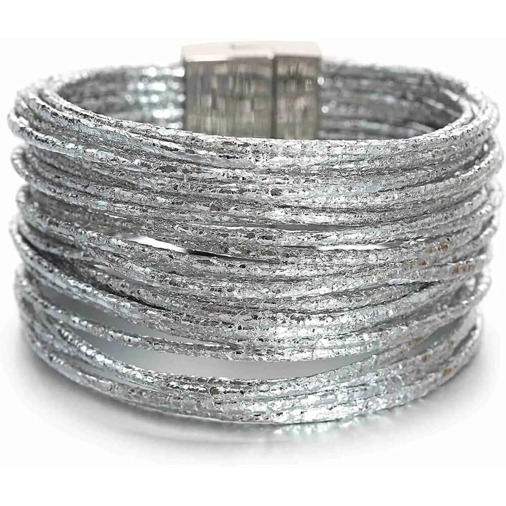 Women's String Silver Boho Leather Wrap Multi Layer Pearl Crystal Bracelets
